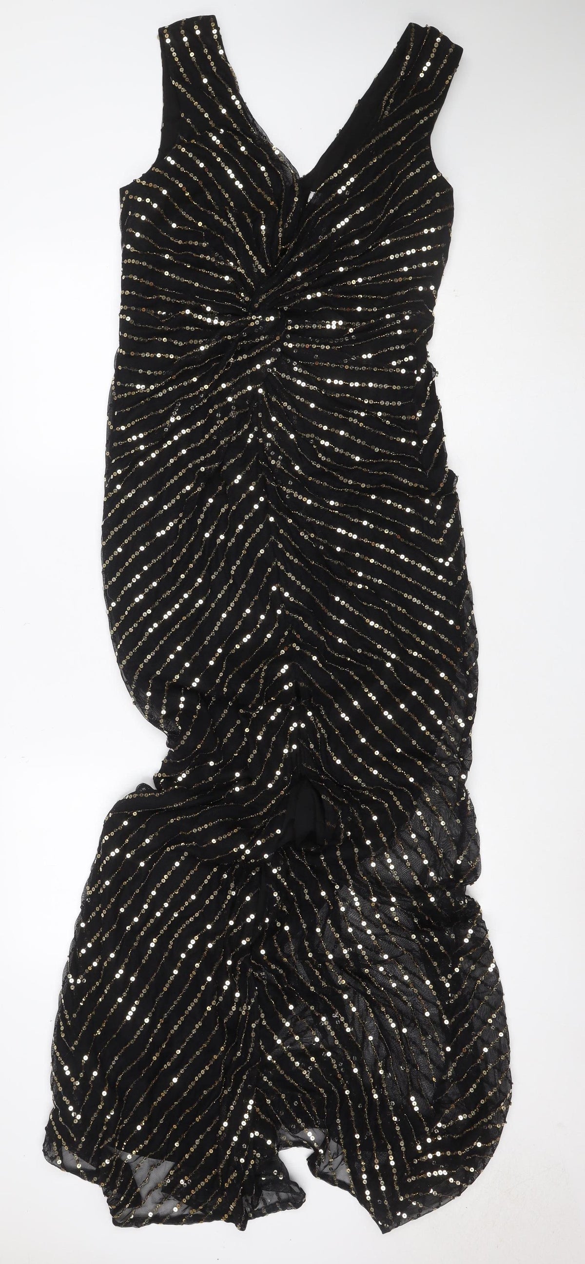 City Goddess Women Black Gold Sequin Long Sleeve Maxi Dress UK 16