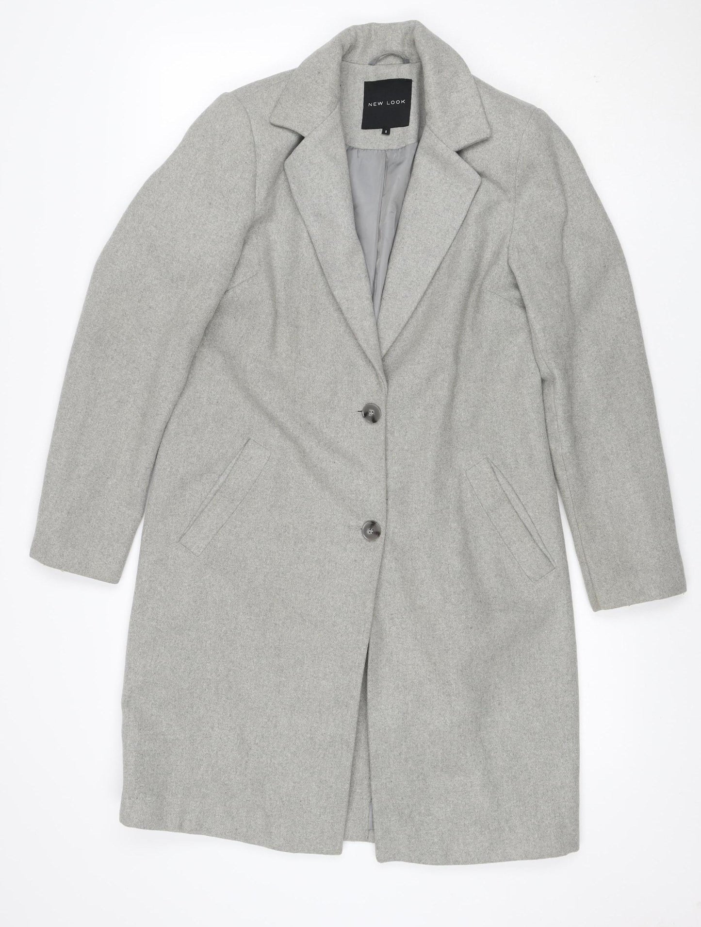 New Look Women Grey UK 8 Long Single-Breasted Wool Blend Overcoat