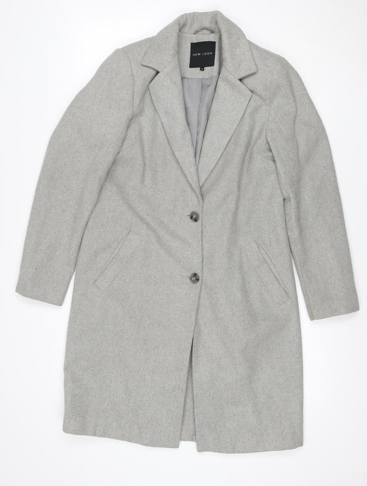 New Look Women Grey UK 8 Long Single-Breasted Wool Blend Overcoat
