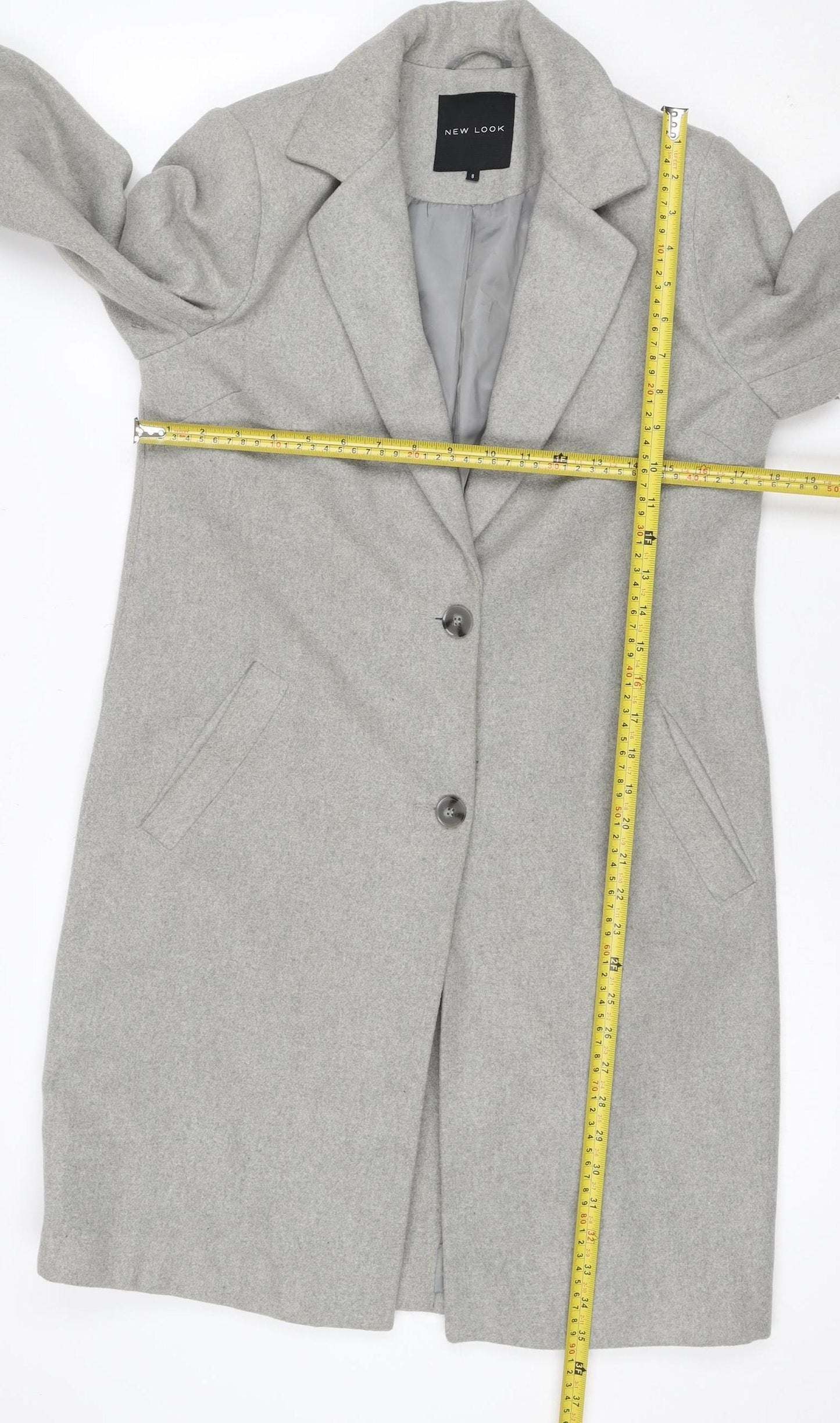 New Look Women Grey UK 8 Long Single-Breasted Wool Blend Overcoat