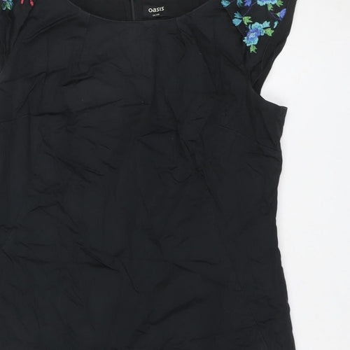 Oasis Women Black UK 14 Midi Sheath Dress Floral Embroidered V-Neck
