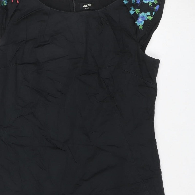 Oasis Women Black UK 14 Midi Sheath Dress Floral Embroidered V-Neck