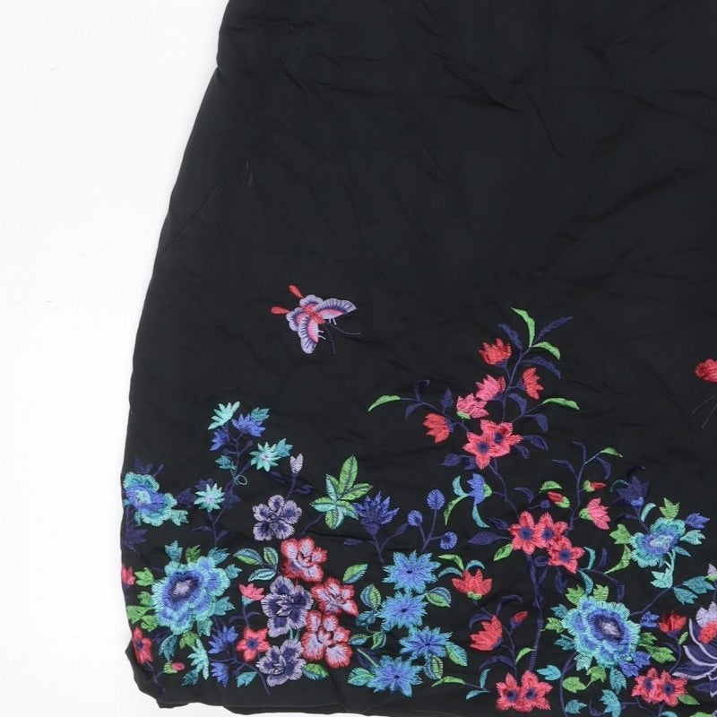 Oasis Women Black UK 14 Midi Sheath Dress Floral Embroidered V-Neck