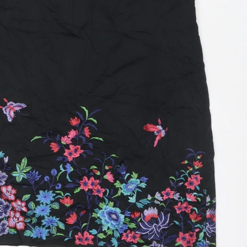 Oasis Women Black UK 14 Midi Sheath Dress Floral Embroidered V-Neck