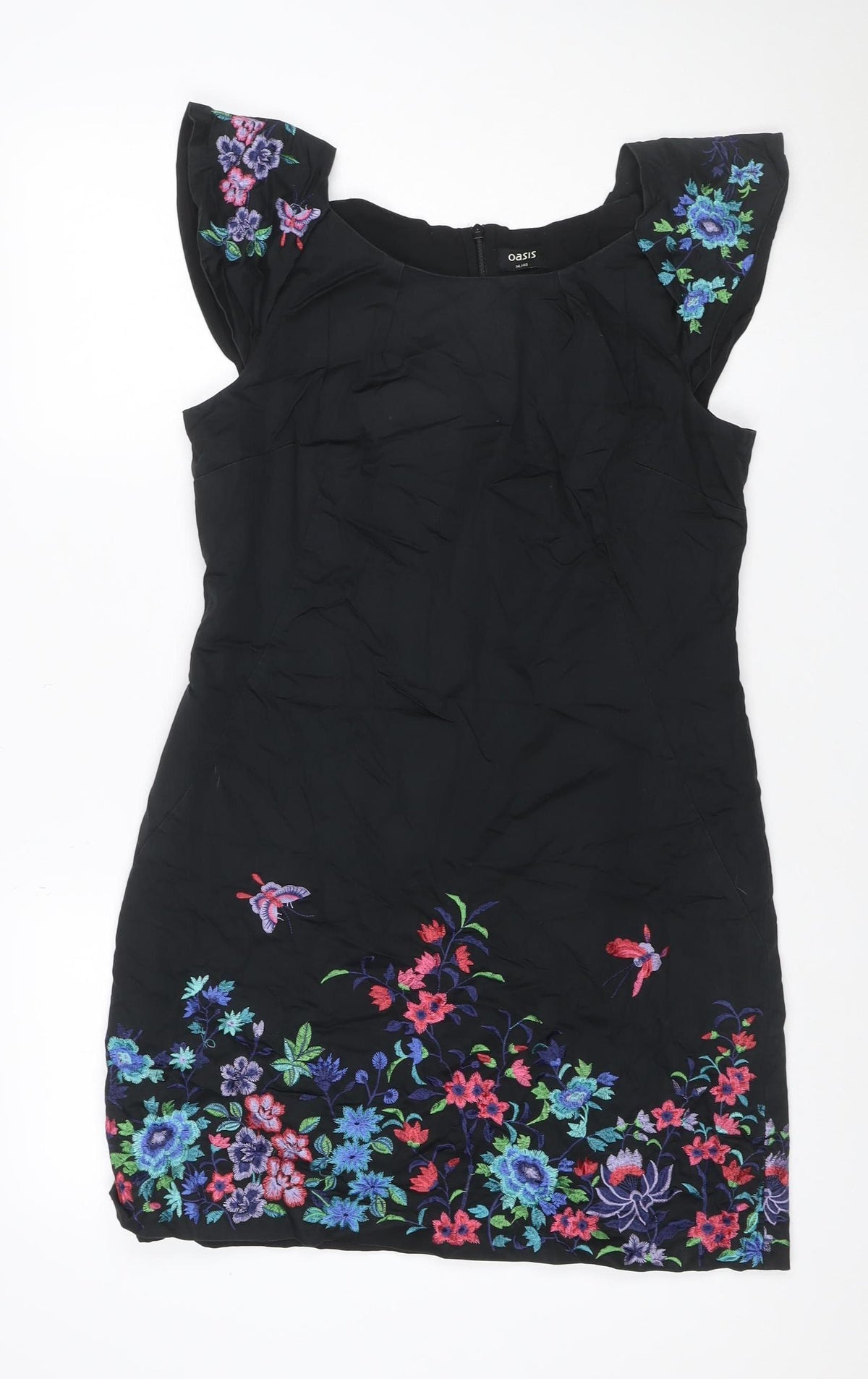 Oasis Women Black UK 14 Midi Sheath Dress Floral Embroidered V-Neck