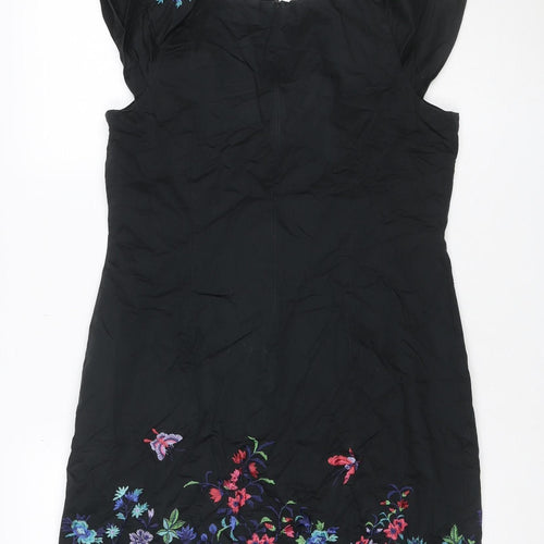 Oasis Women Black UK 14 Midi Sheath Dress Floral Embroidered V-Neck