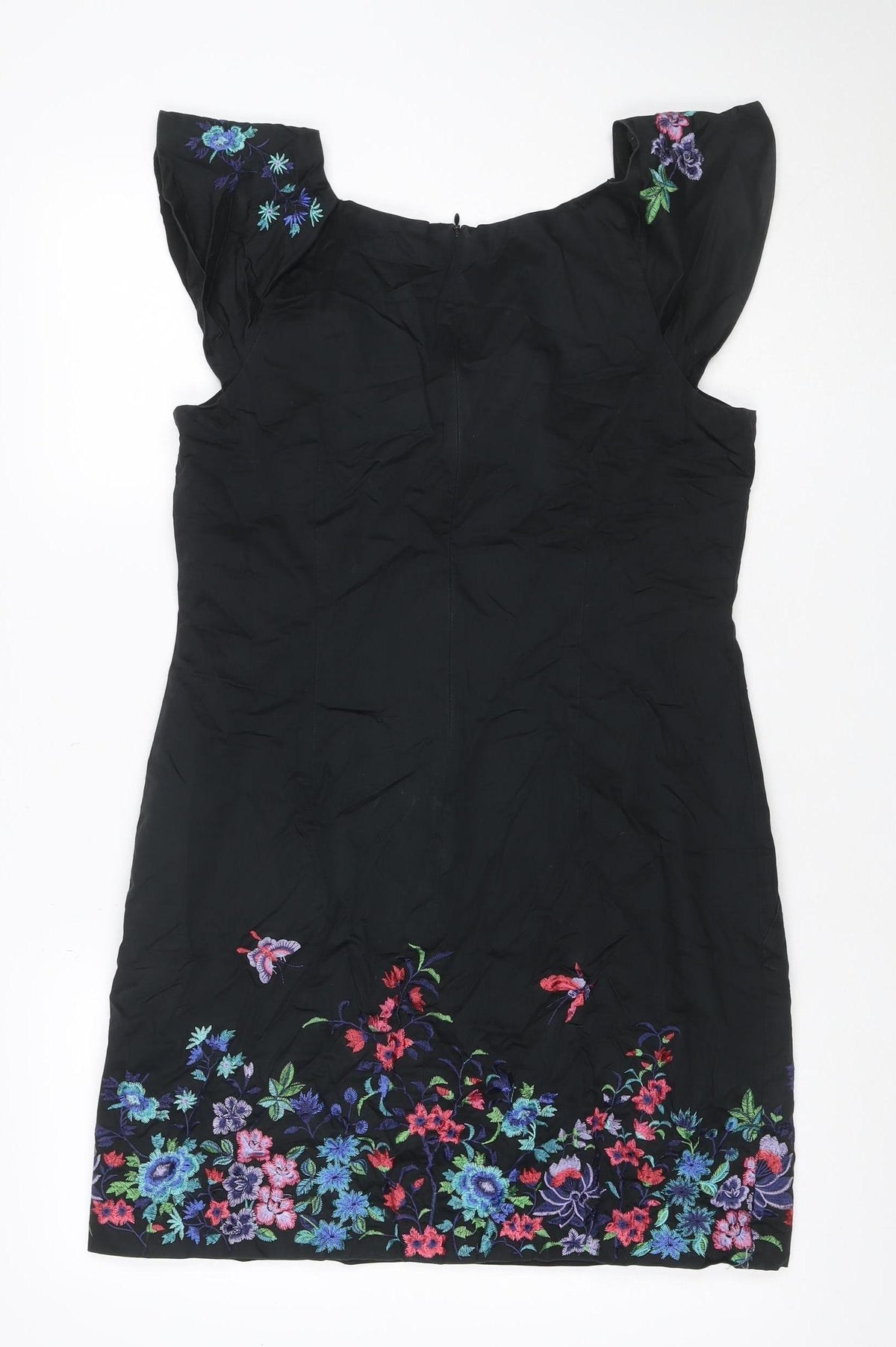 Oasis Women Black UK 14 Midi Sheath Dress Floral Embroidered V-Neck
