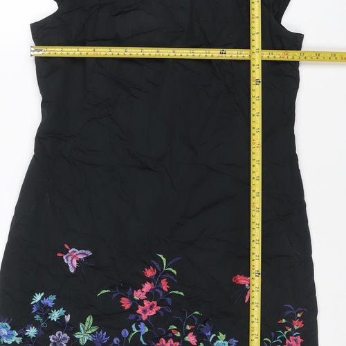 Oasis Women Black UK 14 Midi Sheath Dress Floral Embroidered V-Neck