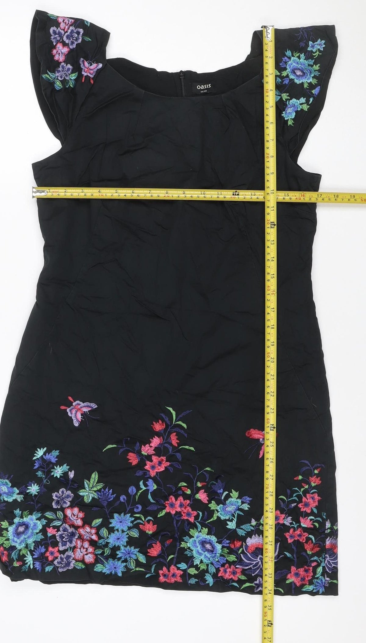 Oasis Women Black UK 14 Midi Sheath Dress Floral Embroidered V-Neck