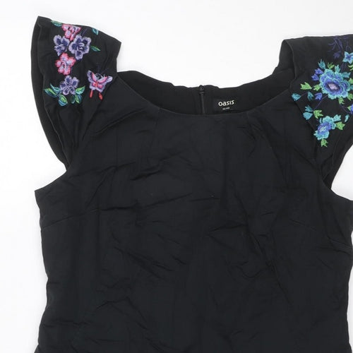 Oasis Women Black UK 14 Midi Sheath Dress Floral Embroidered V-Neck