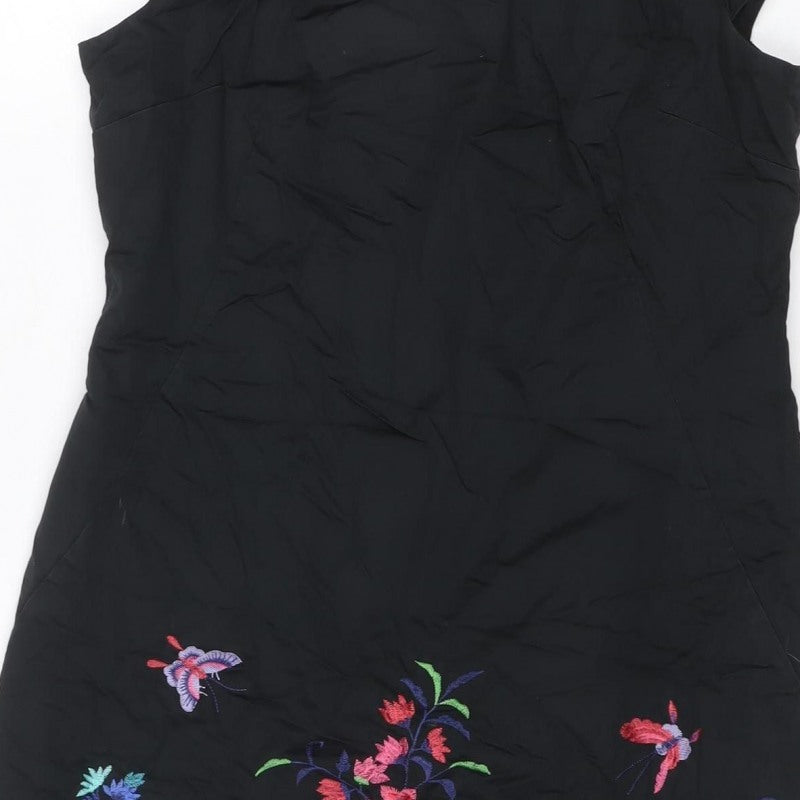 Oasis Women Black UK 14 Midi Sheath Dress Floral Embroidered V-Neck