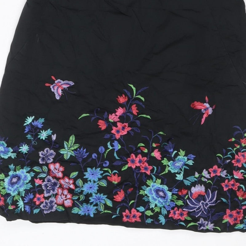 Oasis Women Black UK 14 Midi Sheath Dress Floral Embroidered V-Neck