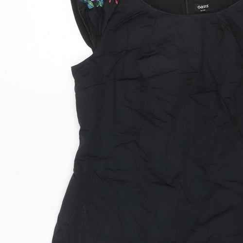 Oasis Women Black UK 14 Midi Sheath Dress Floral Embroidered V-Neck