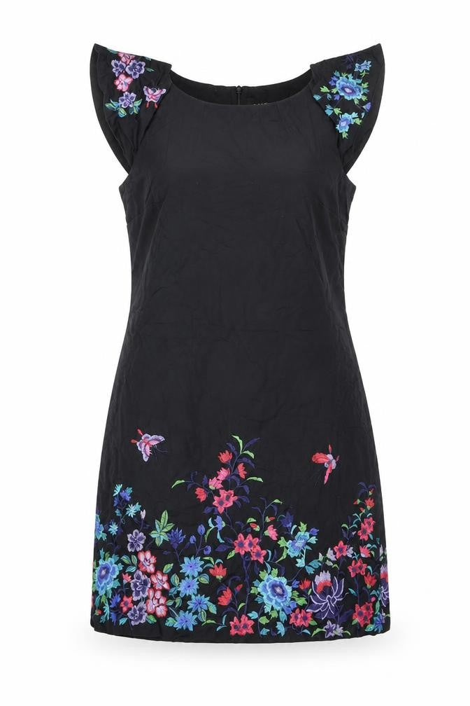 Oasis Women Black UK 14 Midi Sheath Dress Floral Embroidered V-Neck