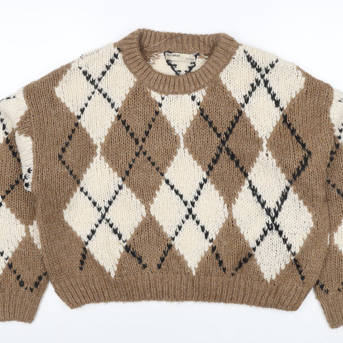 Pull&Bear Women’s Brown Argyle Chunky Knit Crew Neck Jumper UK 12