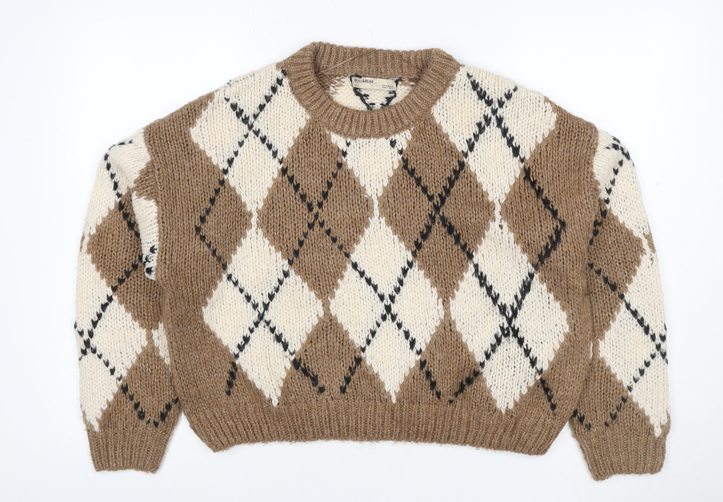 Pull&Bear Women’s Brown Argyle Chunky Knit Crew Neck Jumper UK 12