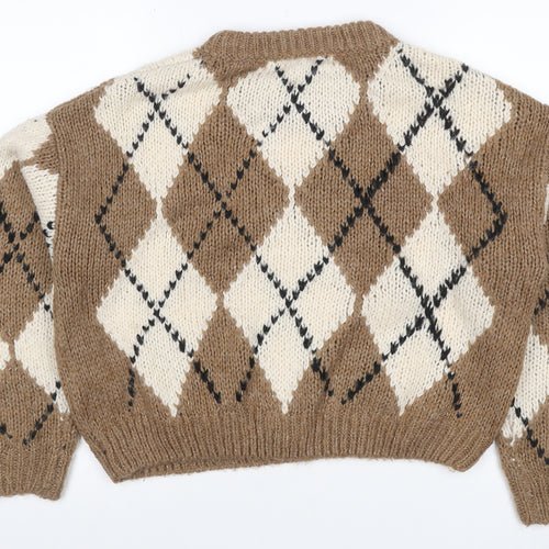 Pull&Bear Women’s Brown Argyle Chunky Knit Crew Neck Jumper UK 12