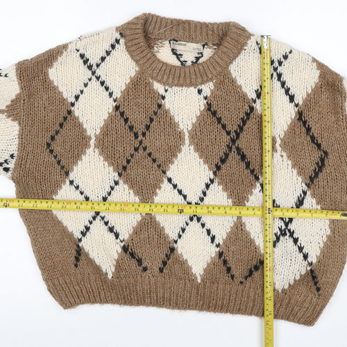 Pull&Bear Women’s Brown Argyle Chunky Knit Crew Neck Jumper UK 12