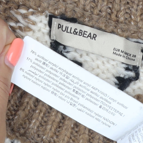 Pull&Bear Women’s Brown Argyle Chunky Knit Crew Neck Jumper UK 12