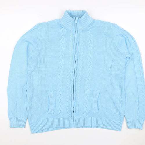 Isle Women Blue L Cable-Knit Full Zip High Neck Cotton Cardigan