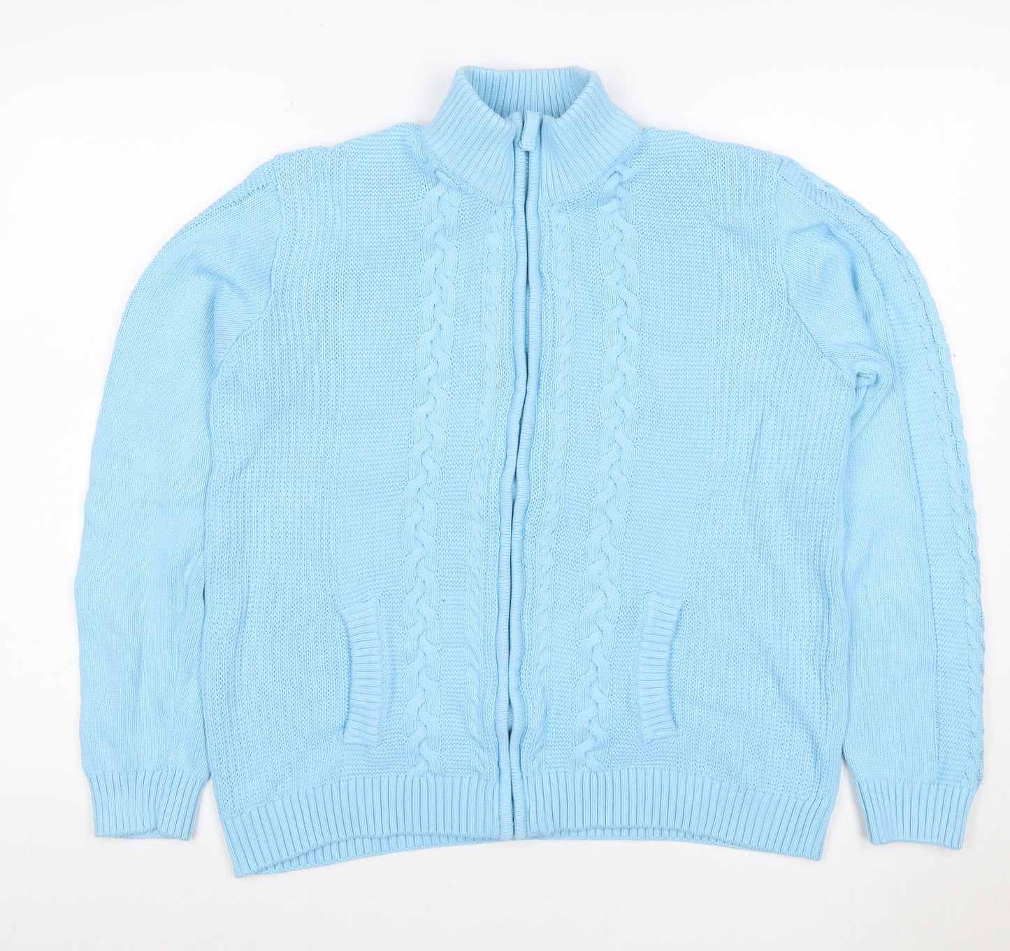 Isle Women Blue L Cable-Knit Full Zip High Neck Cotton Cardigan