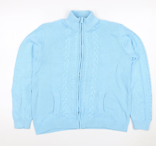 Isle Women Blue L Cable-Knit Full Zip High Neck Cotton Cardigan