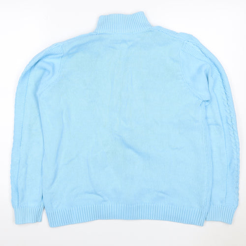 Isle Women Blue L Cable-Knit Full Zip High Neck Cotton Cardigan