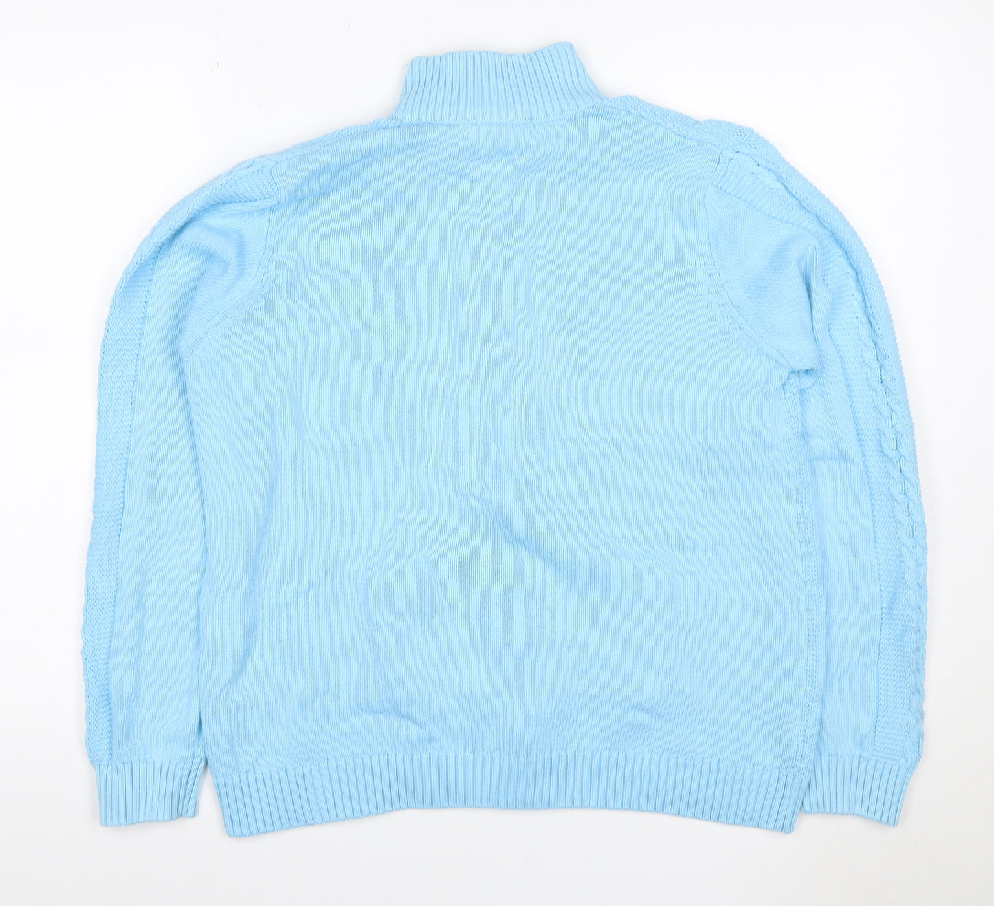 Isle Women Blue L Cable-Knit Full Zip High Neck Cotton Cardigan