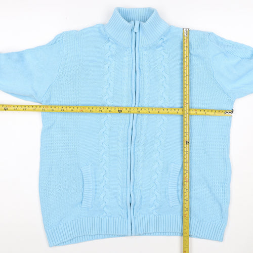 Isle Women Blue L Cable-Knit Full Zip High Neck Cotton Cardigan