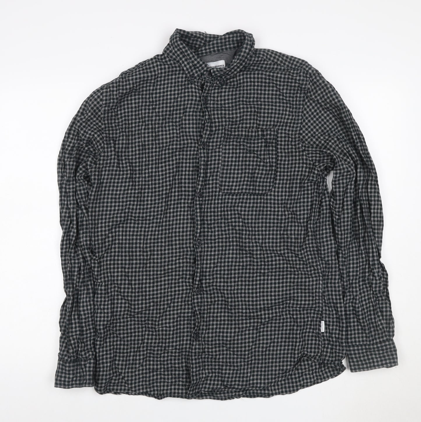 Jack & Jones Men's Black Grey Check Hooded Shirt Size L Long Sleeve