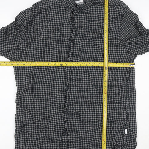 Jack & Jones Men's Black Grey Check Hooded Shirt Size L Long Sleeve