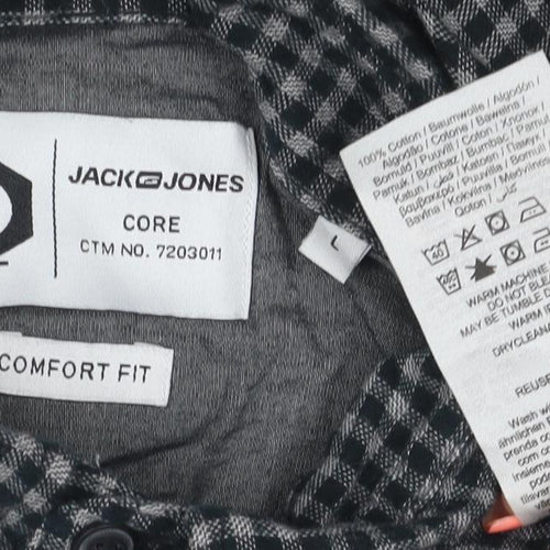 Jack & Jones Men's Black Grey Check Hooded Shirt Size L Long Sleeve