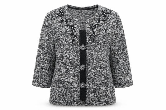 Front view of Per Una Women's Black Grey M Floral Embellished Button Knit Cardigan