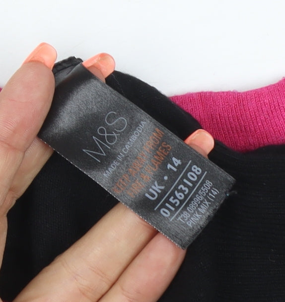 Marks and Spencer Women Black Pink Trim Knit Top UK 14