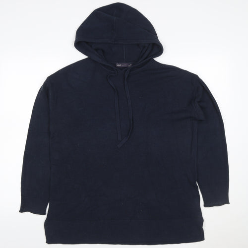Marks and Spencer Women Blue M Knit Hooded Pullover Hoodie Drawstring