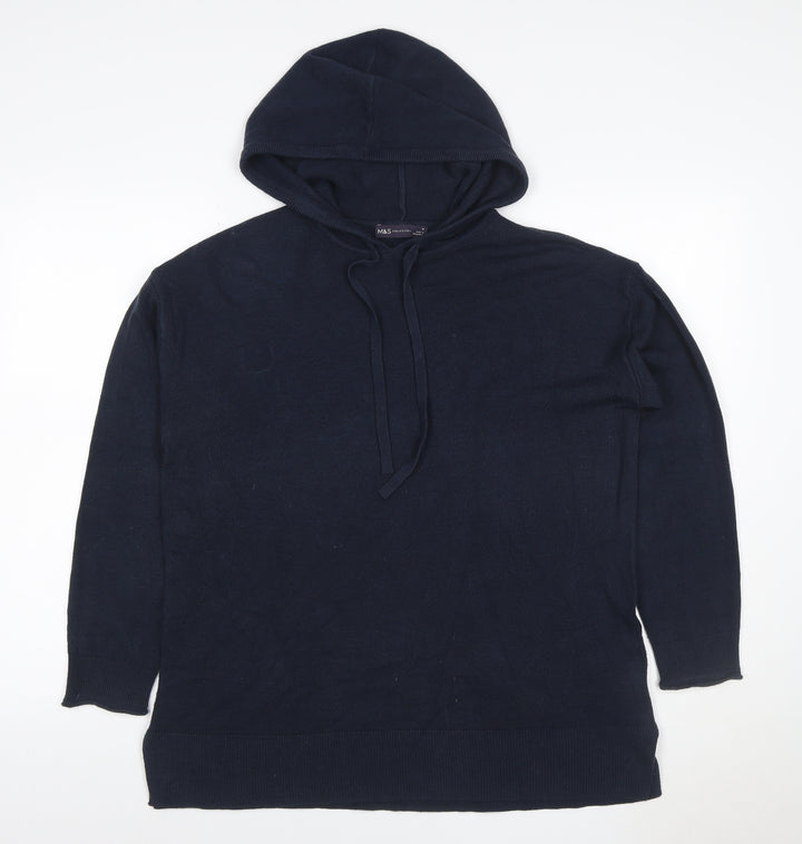 Marks and Spencer Women Blue M Knit Hooded Pullover Hoodie Drawstring