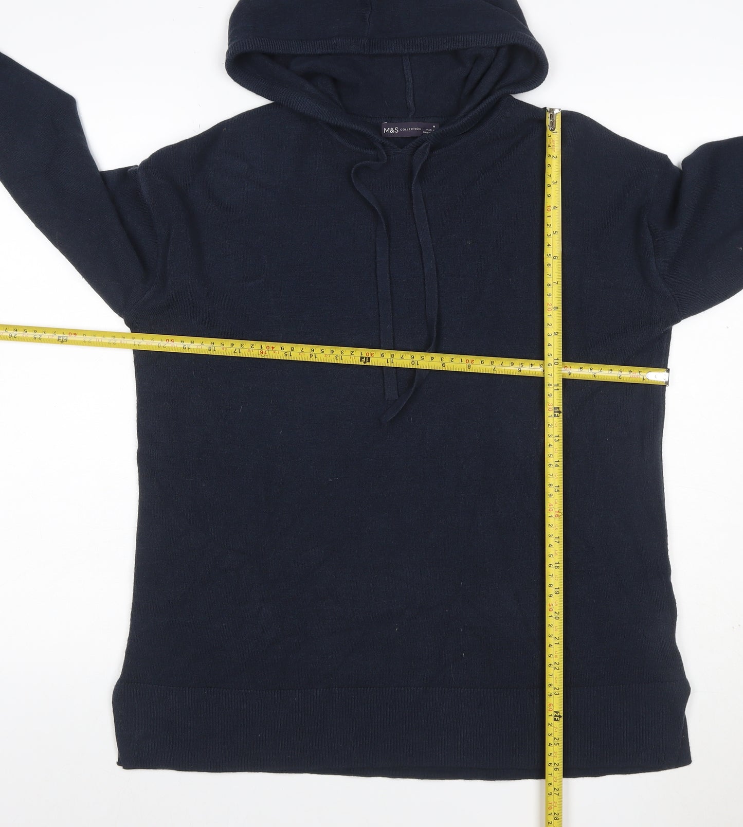 Marks and Spencer Women Blue M Knit Hooded Pullover Hoodie Drawstring