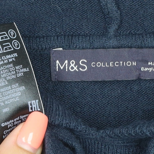 Marks and Spencer Women Blue M Knit Hooded Pullover Hoodie Drawstring