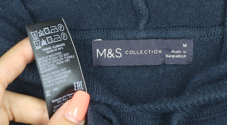 Marks and Spencer Women Blue M Knit Hooded Pullover Hoodie Drawstring