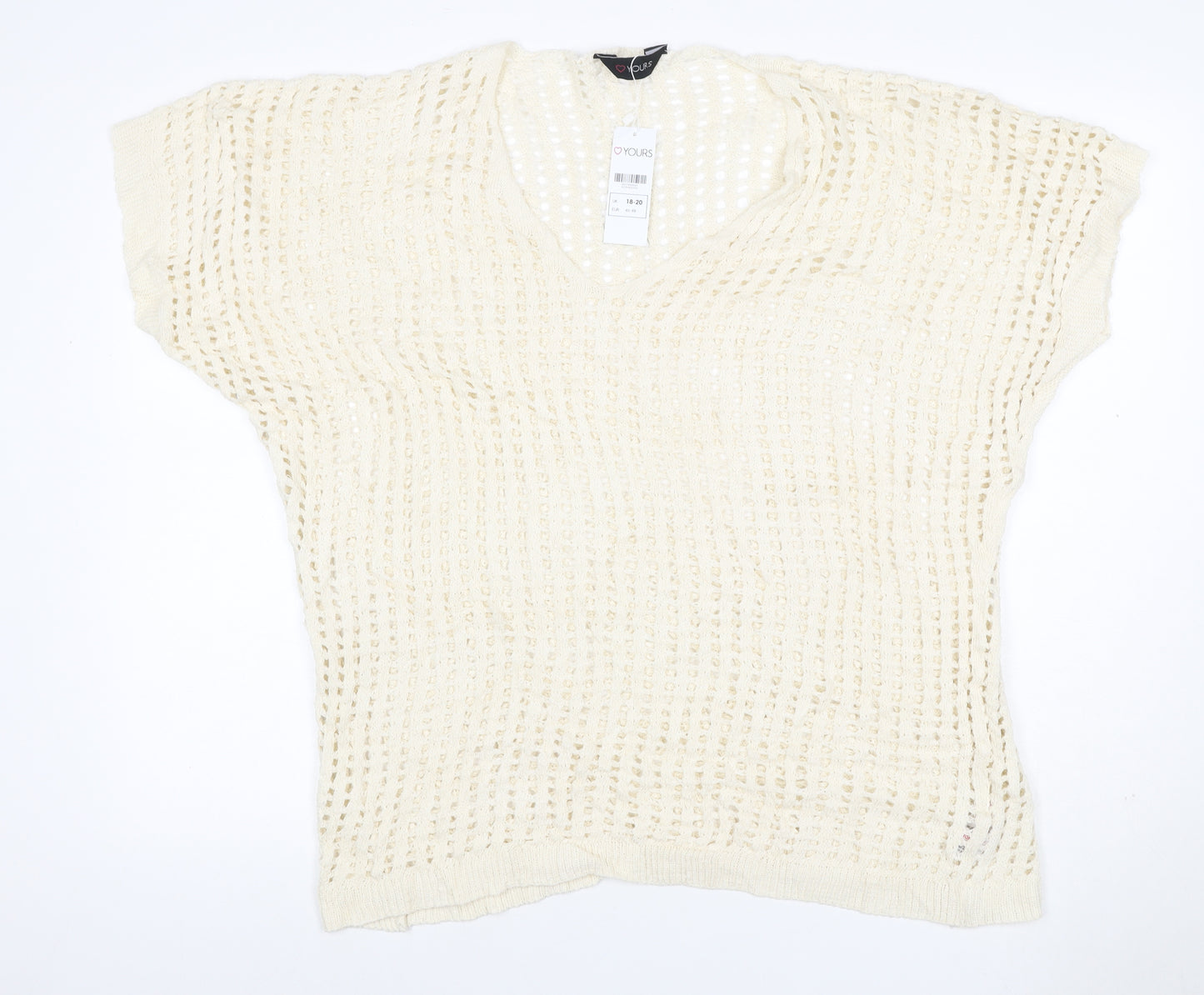 Yours Women Ivory UK 18-20 Crochet Knit V-Neck Cap Sleeve Top