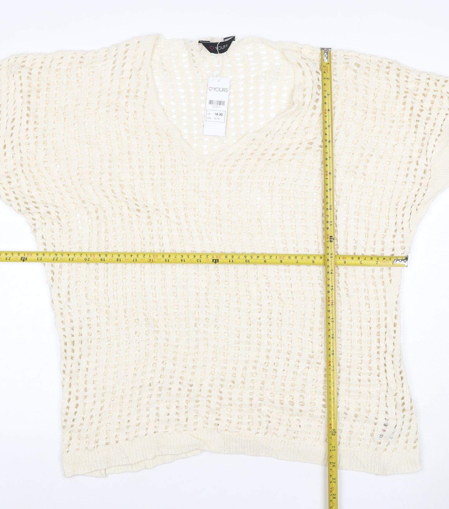 Yours Women Ivory UK 18-20 Crochet Knit V-Neck Cap Sleeve Top