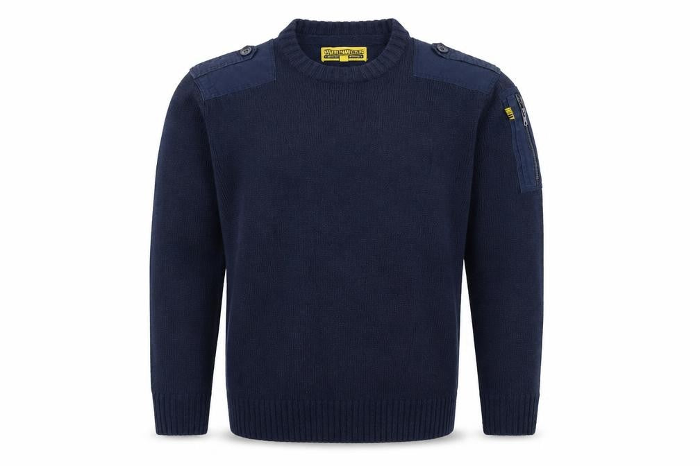 Front view of Workwear Men's Blue M Acrylic Crew Neck Shoulder Zip jumper