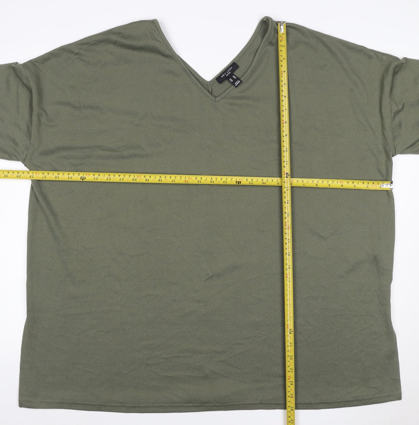 New Look Curves Women Green UK 24 V-Neck Jersey T-Shirt Short Sleeve