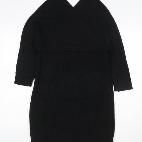 Boohoo Women Black L Ribbed Knit V-Neck Bodycon Knee Dress