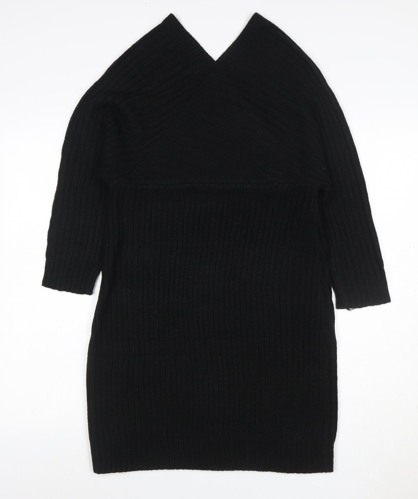 Boohoo Women Black L Ribbed Knit V-Neck Bodycon Knee Dress
