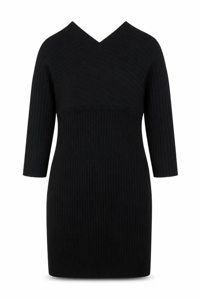 Boohoo Women Black L Ribbed Knit V-Neck Bodycon Knee Dress