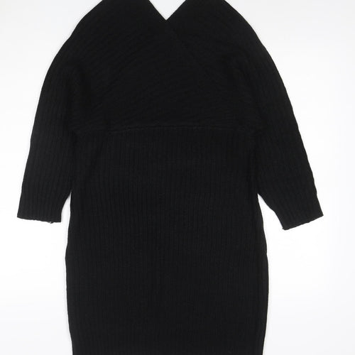 Boohoo Women Black L Ribbed Knit V-Neck Bodycon Knee Dress
