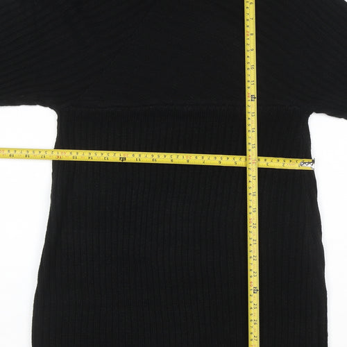 Boohoo Women Black L Ribbed Knit V-Neck Bodycon Knee Dress
