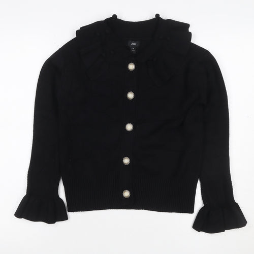 River Island Women Black Size 10 Collared Button Bell Sleeve Cardigan