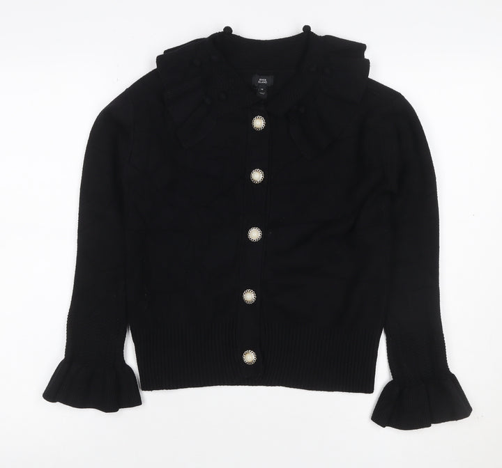 River Island Women Black Size 10 Collared Button Bell Sleeve Cardigan